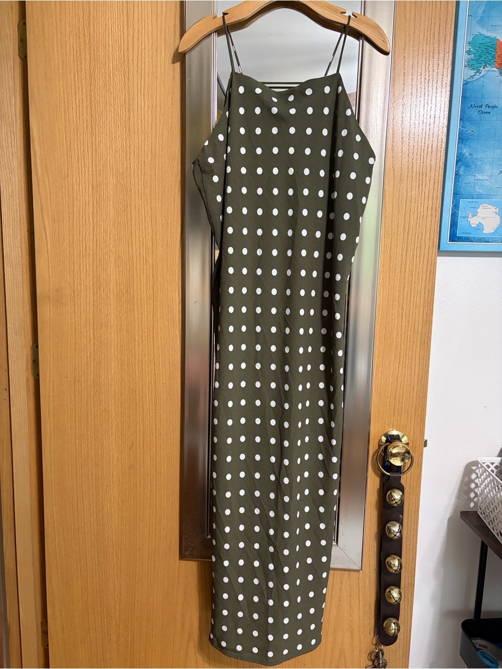 Studio B size Large Olive Green Polka Dot Maxi Slip Dress with Spaghetti Straps